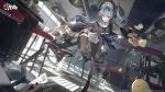  1girl absurdres artist_request azur_lane black_boots black_gloves black_shoes blue_hair boots breasts brown_pantyhose cafe card chair clothing_cutout commentary copyright_logo copyright_name copyright_notice cross cross_necklace cup dessert english_commentary english_text food gloves highres indoors jewelry logo maid_headdress manjuu_(azur_lane) marco_polo_(azur_lane) marco_polo_(the_queen_of_hearts)_(azur_lane) menu milestone_celebration necklace official_alternate_costume official_art pantyhose plate red_eyes restaurant saucer shoes solo table teacup tray underboob underboob_cutout 