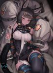  1girl :< absurdres animal_ear_fluff animal_ears arknights arm_up black_dress black_hair black_necktie black_thighhighs blunt_bangs breasts cat_ears cat_girl cat_tail caution_tape commentary dark-skinned_female dark_skin dress english_commentary extra_sleeves framed_breasts highres id_card impossible_clothes impossible_dress infection_monitor_(arknights) jacket keep_out large_breasts looking_at_viewer low_twintails lying medium_hair mildt necktie on_back orange_eyes oversized_jacket paid_reward_available short_necktie sleeve_belt sleeves_past_fingers sleeves_past_wrists solo sweatdrop tail tail_ornament tail_ring thighhighs titi_(arknights) twintails twitter_username white_jacket 
