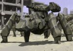  building camouflage commentary_request faceless faceless_male gatling_gun highres mecha mecha_focus military missile_pod multiple_legs original outdoors robot science_fiction soldier standing tank_turret tyokugekidato 