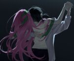 2girls alien_stage black_hair commentary dancing derivative_work grey_hoodie highres holding_hands hood hoodie june777th long_hair mizi_(alien_stage) multiple_girls official_art_redraw pink_hair ponytail shirt sua_(alien_stage) tape very_long_hair white_shirt yuri zombie_stage 
