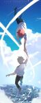  2boys absurdres bakugou_katsuki belt bird black_pants blonde_hair blue_sky boku_no_hero_academia brown_footwear cityscape cloud day dove falling from_behind full_body highres holding_hands kirishima_eijirou male_focus multiple_boys pants red_footwear red_hair school_uniform shirt shoco_(sco_labo) short_hair sky sparkle spiked_hair white_shirt 