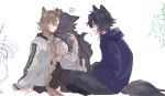  1boy 1girl 1other anger_vein animal_ear_piercing animal_ears arknights ascot black_hair black_skirt black_thighhighs blue_hoodie borrowed_clothes braid breasts brown_hair closed_eyes commentary_request from_side full_body hair_between_eyes hand_rest hands_in_pockets heart hood hood_down hoodie indian_style jacket jacket_on_shoulders licking looking_at_another one_eye_closed penance_(arknights) pleated_skirt shaded_face shirt short_hair sitting skirt spoken_heart tail thighhighs tototori very_long_braid vigil_(arknights) vigil_(the_other_side_of_siracusa)_(arknights) white_background white_shirt wolf wolf_boy wolf_ears wolf_girl wolf_tail yellow_eyes yokozuwari 