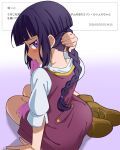  1girl absurdres blush braid braided_ponytail brown_shoes commentary_request dress from_above from_behind gundam gundam_age hashigo_hazushi highres long_hair looking_at_viewer looking_back mouth_hold multicolored_dress nape odaibako pink_ribbon playing_with_hair profile purple_dress purple_eyes purple_hair ribbon ribbon_in_mouth shoes single_braid sitting solo white_dress yokozuwari yurin_leciel 