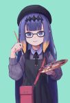  1girl bag bangs beret black_dress blue_background blunt_bangs chuo8008 dress glasses hair_ornament handbag hat highres holding holding_paintbrush hololive hololive_english long_hair looking_at_viewer mole mole_under_eye ninomae_ina&#039;nis paintbrush palette pointy_ears purple_eyes purple_hair simple_background smile solo virtual_youtuber 