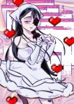  1girl absurdres alien_stage bandana black_hair cocopaka676 commentary dress english_commentary gloves headset heart heart_hands highres long_hair pixel_heart purple_eyes smile solo sua_(alien_stage) very_long_hair white_bandana white_dress white_gloves window_(computing) zombie_stage 