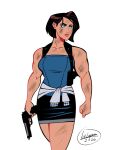  1girl artist_name bare_shoulders black_skirt blue_eyes blue_tank_top blue_tube_top broad_shoulders brown_hair bruise bruise_on_arm bruise_on_leg clothes_around_waist commentary dated gun handgun highres holding holding_gun holding_weapon injury jill_valentine muscular muscular_female resident_evil resident_evil_3:_nemesis short_hair skirt solo strapless sweater sweater_around_waist tank_top toon_(style) tube_top vin_lopez weapon 