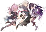  3girls :q absurdres akaneko016 brown_eyes brown_hair chloe_von_einzbern collared_shirt commentary_request dagger fate/kaleid_liner_prisma_illya fate_(series) flat_chest full_body gloves highres illyasviel_von_einzbern jacket kanshou_&amp;_bakuya_(fate) knife long_hair looking_at_viewer miyu_edelfelt multiple_girls necktie orange_eyes pink_hair red_eyes sheath shirt simple_background smile socks thigh_sheath tongue tongue_out unsheathing weapon white_background white_hair 