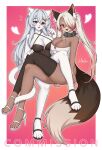  2girls :d animal_ear_fluff animal_ears bare_arms bare_shoulders black_thighhighs blue_eyes blush breasts cat_ears cat_girl cat_tail choker cleavage commentary commission crossed_legs english_commentary full_body furry furry_female gradient_hair grey_hair hair_ornament hair_over_one_eye heart heterochromia high_heels highres large_breasts looking_at_viewer mo_(k40633) multicolored_hair multiple_girls one_eye_covered original red_background red_eyes simple_background smile spiked_choker spikes tail thighhighs thighs twintails twitter_username white_hair 
