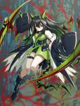  1girl absurdres arknights assiette47 bare_shoulders belt belt_buckle black_belt black_boots black_coat black_hair black_sash boots buckle closed_mouth coat colored_inner_hair commentary crystal dress emoji eye_trail full_body green_dress green_eyes hair_between_eyes highres knee_boots knees_together_feet_apart light_trail long_hair looking_at_viewer magic material_growth mon3tr_(arknights) multicolored_hair oripathy_lesion_(arknights) pouch red_pupils sash short_dress solo tail thigh_belt thigh_strap torn_clothes torn_coat two-sided_coat two-sided_fabric white_coat zipper zipper_footwear 