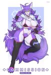  1girl :d abs absurdres animal_ear_fluff animal_ears bikini black_bikini black_thighhighs blue_background breasts commentary commission english_commentary female_pubic_hair full_body furry furry_female hair_between_eyes hand_up highres large_breasts long_hair looking_at_viewer mo_(k40633) navel open_mouth original pubic_hair purple_hair rae_(girlsay) sideboob simple_background smile snout solo swimsuit tail thighhighs thighs twitter_username underboob yellow_eyes 