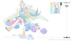  1girl :d ;d absurdres after_rain animal_on_head aqua_coat aqua_dress aqua_hair bird bird_on_head blue_bow blue_bowtie blue_flower blunt_bangs boots bow bowtie braid caustics chinese_commentary coat collared_shirt copyright_logo copyright_name dj.adonis dress flipped_hair flower forever_7th_capital full_body gradient_boots gradient_cloak gradient_clothes gradient_hair hair_flower hair_ornament hat highres hydrangea leaf_umbrella lia_(forever_7th_capital) logo long_hair long_sleeves looking_at_animal multicolored_hair official_art on_head one_eye_closed open_clothes open_coat outstretched_arms overall_skirt pink_flower pleated_dress puddle purple_flower rainbow raincoat red_eyes reflection reflective_liquid rubber_boots rubber_duck rubber_duck_hair_ornament school_hat see-through_clothes see-through_raincoat shirt short_dress side_braids simple_background single_sleeve_past_fingers smile solo spread_arms standing standing_on_one_leg teruterubouzu upturned_eyes very_long_hair watermark weibo_watermark white_background white_hair white_shirt yellow_boots yellow_coat yellow_hat yellow_raincoat zoom_layer 