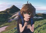  1girl absurdres backpack bag brown_hair green_eyes highres hiking messy_hair michinoku_(hiking_miusan18) mountain notepad original pen scenery short_hair short_sleeves solo upper_body wind wind_lift writing 