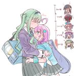  6+girls ahoge bag black_hair braid date_akari green_hair hair_ornament hairband hairclip heaven_burns_red highres ishii_iroha kiss_meter_(meme) kissing_hair long_hair meme mikoto_fubuki mizuhara_aina multicolored_hair multiple_girls murofushi_risa nikaidou_misato pink_hair purple_streaks rantan_0925 shoulder_bag streaked_hair tennis_racket_case twintails yuri 