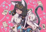  1girl absurdres animal_ears arknights black_hair black_thighhighs cat_ears cat_girl cat_tail caution_tape chinese_commentary commentary_request dark-skinned_female dark_skin highres infection_monitor_(arknights) jacket long_sleeves looking_at_viewer pink_background simple_background sleeves_past_fingers sleeves_past_wrists solo tail tail_ornament tail_ring thighhighs titi_(arknights) xianyu_fanshen_qian yellow_eyes 