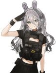  1girl animal_ear_headphones animal_ears belt_pouch black_gloves black_hair bulletproof_vest cleavage_cutout clothing_cutout commentary fake_animal_ears gloves gradient_hair grey_eyes grey_hair hair_between_eyes headphones highres long_hair_between_eyes looking_at_viewer midriff mita_(d66886) mole mole_under_each_eye mole_under_eye mole_under_mouth multicolored_hair multiple_moles nijisanji nijisanji_gta pouch rabbit_ear_headphones rabbit_ears salute shirt short_sleeves sophia_valentine spiked_wristband turtleneck turtleneck_shirt two_side_up untranslatable_commentary virtual_youtuber walkie-talkie 