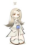 1girl absurdres armpit_crease asymmetrical_sidelocks blonde_hair camisole cardigan collarbone colored_eyelashes colored_shoe_soles commentary_request deformed full_body gakuen_idolmaster gradient_hair grey_hair hair_behind_ear hair_ornament hairclip highres idolmaster jacket long_hair long_sleeves looking_at_viewer loose_clothes midriff_peek multicolored_hair okitya open_clothes open_jacket orange_eyes panty_&amp;_stocking_with_garterbelt_(style) parody parted_bangs parted_lips rope_belt shinosawa_hiro shoes short_shorts shorts sidelocks simple_background solo style_parody thighs translation_request white_background white_camisole white_cardigan white_shoes 