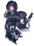  1girl aiming aiming_at_viewer bandaged_arm bandages black_gloves black_hair black_hat black_jacket black_ribbon closed_mouth collared_shirt gloves goggles grey_eyes gun hair_ribbon hat highres holding holding_gun holding_weapon jacket kurobe_nanoka long_hair looking_at_viewer mahou_shoujo_no_majo_saiban mouth_hold multiple_views parted_lips revolver ribbon rifle shirt simple_background single_glove stalk_in_mouth twintails upper_body weapon white_background white_shirt yang_yu_sanjiao 