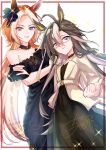  2girls absurdres ahoge alternate_costume animal_ears bad_perspective belt black_choker black_dress bloom blue_bow blue_eyes border bow bridal_gauntlets chan_maya choker colored_inner_animal_ears colored_inner_hair commentary_request crossed_arms curtained_hair dream_journey_(umamusume) dress dutch_angle ear_bow ear_covers eyes_visible_through_hair eyewear_strap eyewear_visible_through_hair foreshortening formal_clothes glasses grey-framed_eyewear grey_hair hair_ornament highres horse_ears horse_girl horse_tail inset_border jacket knees_out_of_frame long_hair looking_at_viewer multicolored_hair multiple_girls official_alternate_costume open_mouth orfevre_(umamusume) pointing pointing_at_viewer red_border siblings signature simple_background single_ear_cover single_off_shoulder sisters smile sparkle sparkling_aura streaked_hair tail tassel tassel_hair_ornament umamusume v-shaped_eyebrows very_long_hair white_background white_belt white_jacket white_streaks 