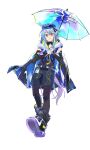  1boy absurdres arknights beret black_gloves black_pantyhose black_shorts blue_cloak blue_hair blue_hat cloak closed_mouth full_body gloves hair_between_eyes hat highres holding holding_umbrella infection_monitor_(arknights) long_hair looking_at_viewer male_focus mizuki_(arknights) multicolored_hair pantyhose pink_eyes shoe_soles shoes shorts simple_background smile solo standing transparent transparent_umbrella trap umbrella white_background wuzewan 