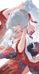  1girl absurdres bare_shoulders breasts cleavage colored_eyelashes commentary hakama hakama_skirt high_ponytail highres hiyuki_(wuthering_waves) japanese_clothes jewelry large_breasts long_hair looking_at_viewer md5_mismatch mole mole_under_eye mouth_hold necklace nontraditional_miko off_shoulder ponytail red_eyes red_hakama red_ribbon ribbon ribbon_in_mouth shin_oooooo sidelocks skirt solo white_background white_eyelashes white_hair wuthering_waves 