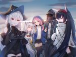  1other 4girls animal_ears arknights arm_cuffs ascot bangs bare_shoulders black_gloves black_headwear blaze_(arknights) blue_eyes blue_hair blue_jacket blue_poison_(arknights) breasts cat_ears chest_strap chinese_commentary commentary doctor_(arknights) fingers_to_mouth gloves group_picture hair_between_eyes hairband hand_up hat highres hood hooded_jacket infection_monitor_(arknights) jacket lingshalan long_hair long_sleeves looking_at_viewer medium_breasts multiple_girls open_clothes open_jacket open_mouth orange_eyes outdoors pink_hair pointy_hair ptilopsis_(arknights) red_eyes red_hairband shirt short_twintails silver_hair skadi_(arknights) sky smile solo twintails upper_body v very_long_hair visor white_jacket white_shirt 