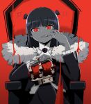  black_hair black_jacket collar crown dark_persona evil_smile fang finger_in_mouth frilled_collar frilled_jacket frilled_sleeves frills fur_collar gokou_ruri gothic_lolita highres hime_cut jacket king_(vocaloid) lolita_fashion long_hair mole mole_under_eye ore_no_imouto_ga_konna_ni_kawaii_wake_ga_nai red_background red_eyes rose_hair_ornament sisitou0 smile throne 