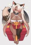  1girl animal_ear_fluff animal_ears bare_shoulders barefoot black_thighhighs box breasts choker cleavage closed_mouth commentary commission english_commentary full_body furry furry_female gift grey_background hair_over_one_eye highres holding holding_box holding_gift large_breasts long_hair looking_at_viewer mo_(k40633) one_eye_covered original red_eyes red_hair simple_background single_thighhigh sitting smile snout solo spiked_choker spikes star_(symbol) star_symbol_background tail thighhighs thighs twintails twitter_username white_hair 