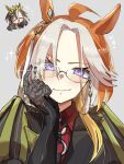  2girls adjusting_eyewear ahoge ahozur_dayo animal_ear_piercing animal_ears black_gloves black_sleeves blush chain chibi chibi_inset closed_eyes collared_shirt colored_inner_animal_ears colored_inner_hair commentary_request cosplay costume_switch crown curtained_hair dream_journey_(reminder_of_dreamland)_(umamusume) dream_journey_(umamusume) dream_journey_(umamusume)_(cosplay) eyewear_strap facing_viewer floating_crown glasses gloves gold_chain grey-framed_eyewear grey_background grey_hair grey_jacket hair_between_eyes hair_ornament head_on_hand head_tilt highres horse_ears horse_girl jacket lace lace_gloves long_hair looking_at_viewer multicolored_hair multiple_girls nail_polish orange_hair orfevre_(control)_(umamusume) orfevre_(umamusume) orfevre_(umamusume)_(cosplay) own_hands_clasped own_hands_together portrait puff_and_slash_sleeves puffy_sleeves raised_inner_eyebrows rectangular_mouth red_nails red_shirt semi-rimless_eyewear shirt siblings single_glove single_sidelock sisters sleeves_past_wrists smile sparkle sparkling_aura streaked_hair tassel tassel_hair_ornament tongue translated umamusume v-shaped_eyebrows white_jacket white_streaks 