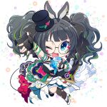  1girl :d ;d \||/ animal_ears aqua_eyes aqua_skirt arm_ribbon asymmetrical_footwear asymmetrical_legwear belt black_gloves black_hair black_hat black_shoes blue_skirt blunt_bangs breasts chibi chibi_only commentary_request commission earrings extra_ears eyelashes fingerless_gloves fishnet_thighhighs fishnets flower flower_skirt frilled_skirt frills full_body glasses gloves green_ribbon green_skirt green_streaks hair_intakes hand_up happy hat hat_ornament heart heart_hat_ornament heart_sticker highres holding holding_microphone ikeda_jun_(aquaqua) indie_virtual_youtuber jewelry large_breasts light_particles long_hair looking_at_viewer microphone mini_hat mini_top_hat mismatched_footwear multicolored_hair multicolored_skirt one_eye_closed open_mouth outstretched_arm rabbit_ears red_flower ribbon round_eyewear second-party_source shoes sidelocks simple_background single_thighhigh skeb_commission skirt smile solo sparkle standing standing_on_one_leg sticker sticker_on_face streaked_hair tammy_(vtuber) tareme thighhighs top_hat twintails v-shaped_eyebrows wavy_hair white_background white_belt white_shoes 