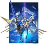  1girl blue_eyes blue_gloves blue_hair boots breasts character_name chunithm closed_mouth copyright_name covered_navel full_body gloves gun high_heels highleg highleg_leotard highres holding holding_gun holding_weapon leotard long_hair looking_at_viewer mecha_musume mechanical_wings medium_breasts official_art science_fiction solo space takayama_toshiaki thigh_boots thighhighs thrusters v-shaped_eyebrows valkyrie_brynhildr_(chunithm) weapon wings 