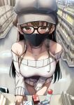  1girl bare_shoulders between_legs black-framed_eyewear black_mask breasts brown_eyes brown_hair buying_condoms choker commentary_request convenience_store dress earrings glasses grey_hat hand_between_own_legs hat highres hoop_earrings indoors jewelry konata_(kankin_jk) large_breasts long_hair looking_at_viewer mask mishiranu_joshikousei_ni_kankin_sareta_mangaka_no_hanashi mouth_mask newsboy_cap off-shoulder_sweater off_shoulder okamoto_condoms ryouma_(galley) shop solo sweater sweater_dress white_choker white_sweater 