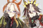  2girls adjusting_eyewear ahoge ahozur_dayo animal_ear_piercing animal_ears ascot black_ascot black_gloves black_jacket black_sleeves blue_eyes blush bracelet brooch brown_hair cape chain collared_shirt colored_inner_animal_ears colored_inner_hair commentary_request cosplay costume_switch cross_tie crown curtained_hair downturned_eyes dream_journey_(reminder_of_dreamland)_(umamusume) dream_journey_(umamusume) dream_journey_(umamusume)_(cosplay) ear_covers epaulettes eyes_visible_through_hair eyewear_strap facing_viewer fang floating_crown fur-trimmed_jacket fur_trim gem glasses gloves gold_chain green_gem grey-framed_eyewear grey_background grey_hair grey_jacket hair_between_eyes hair_ornament hand_up head_on_hand head_tilt highres horse_ears horse_girl jacket jewelry lace lace_gloves light_blush long_hair looking_at_viewer multicolored_hair multiple_girls nail_polish orange_gem orange_hair orfevre_(control)_(umamusume) orfevre_(umamusume) orfevre_(umamusume)_(cosplay) pearl_bracelet portrait puff_and_slash_sleeves puffy_sleeves purple_gem rectangular_mouth red_cape red_cross_tie red_gem red_nails red_shirt semi-rimless_eyewear shirt siblings simple_background single_ear_cover single_epaulette single_glove single_sidelock sisters sleeves_past_wrists smile smirk smug sparkle sparkling_aura streaked_hair tassel tassel_hair_ornament teeth umamusume v-shaped_eyebrows white_jacket white_streaks yellow_gem 