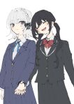  2girls :d absurdres aiu_ryo black_hair black_jacket black_skirt blazer blue_jacket blue_ribbon blue_skirt braid closed_eyes closed_mouth collared_shirt commentary_request cowboy_shot highres interlocked_fingers jacket kurobe_honoka kurobe_nanoka long_hair long_sleeves looking_at_another mahou_shoujo_no_majo_saiban multiple_girls neck_ribbon open_mouth pleated_skirt ribbon school_uniform shirt short_hair siblings simple_background sisters skirt smile spoilers standing twintails white_background white_hair white_shirt 
