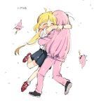 2girls ahoge black_shoes black_skirt blonde_hair bocchi_the_rock! closed_eyes cube_hair_ornament d3g_takahashi full_body gotoh_hitori gotoh_hitori_(tsuchinoko) hair_ornament hug ijichi_nijika jacket long_hair long_sleeves multiple_girls one_side_up pants pink_hair pink_jacket pink_pants pink_track_suit red_shoes school_uniform shimokitazawa_high_school_uniform shirt shoes side_ponytail simple_background skirt standing standing_on_one_leg track_jacket track_suit white_background white_shirt 