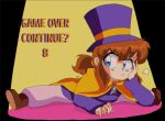  1990s_(style) 1girl a_hat_in_time ankle_boots blue_eyes boots brown_boots brown_hair brown_pants cape child closed_mouth commentary english_commentary english_text faux_retro_artstyle frown full_body game_over hair_tie hand_on_own_face hat hat_kid hat_ribbon jacket kokorohatsaru long_sleeves looking_to_the_side medium_hair pants ponytail purple_hat purple_jacket retro_artstyle ribbon sidelocks sitting_split solo sonic_(series) split spotlight top_hat yellow_cape yellow_ribbon zipper_pull_tab 
