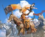  1girl armor armored_boots banner barding bird bird_on_hand blue_sky boots breasts brown_gloves chinese_commentary closed_eyes cloud cloudy_sky day falconry fire_emblem fire_emblem:_three_houses flag full_body gloves hair_over_shoulder highres holding holding_banner horse horseback_riding jacket knee_armor knight leonie_pinelli leonie_pinelli_(timeskip) medium_breasts medium_hair open_mouth orange_hair orange_jacket orange_vest outdoors riding shoulder_armor sky smile solo_focus vest waist_cape zhihaiwusheng 