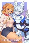  2girls absurdres animal_ear_fluff animal_ears bare_shoulders bell blonde_hair blue_collar blue_eyes blue_hair blue_skirt blush breasts collar commentary commission crossed_bangs dog_ears dog_girl dog_tail english_commentary furry furry_female gradient_background hand_up highres jewelry large_breasts long_hair long_sleeves looking_at_viewer medium_hair miniskirt mo_(k40633) multiple_girls navel neck_bell necklace off_shoulder original parted_lips pleated_skirt purple_background purple_eyes red_collar shirt_tucked_in simple_background skirt smile stomach tail thigh_strap thighs twitter_username v 