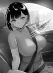  1girl bangs between_breasts black_hair blush breasts car car_interior commentary_request earrings eyebrows_visible_through_hair gentsuki greyscale ground_vehicle hand_on_own_chest high-waist_skirt highres jewelry large_breasts looking_at_viewer monochrome motor_vehicle original ribbed_shirt seatbelt shirt short_hair short_sleeves sitting skirt window 