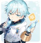 1boy ahoge bangs black_shirt blue_background border candy chongyun_(genshin_impact) commentary_request cropped_jacket food food_in_mouth genshin_impact giving green_eyes holding holding_candy holding_food hood hooded_jacket jacket konmamion light_blue_hair looking_at_viewer male_focus shirt short_hair simple_background snowflake_background solo spoken_star star_(symbol) upper_body white_jacket 