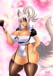  animal_humanoid apron breasts cleaning_tool clothing feather_duster female heterochromia hi_res humanoid legwear luvon maid_uniform solo stockings thick_thighs uniform 
