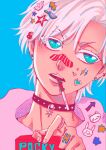  1boy alternate_costume arrow_(symbol) bandaid bandaid_on_face bandaid_on_nose black_choker bleach blue_background blue_eyes casual choker close-up colored_eyelashes commentary decora earrings food food_in_mouth hair_ornament hairclip highres hitsugaya_toushirou hoop_earrings jewelry looking_to_the_side male_focus nose open_mouth pocky pocky_in_mouth portrait rabbit_ornament ring short_hair simple_background solo star_(symbol) star_hair_ornament star_sticker sticker sticker_on_face stud_earrings teeth tsurime upper_teeth_only upturned_eyes v-shaped_eyebrows white_hair yshjsw 