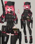 1girl absurdres artist_name black_boots black_eyes black_hoodie black_leotard black_thighhighs boots closed_mouth covered_navel finger_to_mouth grey_background gun hair_between_eyes hand_on_own_stomach handgun highleg highleg_leotard highres holding holding_gun holding_weapon hood hoodie index_finger_raised leotard light_smile long_hair mechanical_hands open_mouth original pink_hair robot_girl smile soruto_0w98e teeth thighhighs thighs translation_request twitter_username upper_teeth_only weapon 