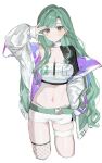  1girl \||/ belt breasts choker cleavage closed_mouth commentary cropped_legs fishnet_thighhighs fishnets green_belt green_hair green_jacket h_i_n_a_t_0714 hair_over_breasts hair_over_one_breast hair_over_shoulder hand_on_own_face highres jacket jacket_partially_removed large_breasts long_hair long_sleeves looking_at_viewer mole mole_on_breast mole_on_thigh navel purple_eyes purple_jacket short_shorts shorts simple_background skindentation sleeves_past_fingers sleeves_past_wrists solo stomach straight-on swept_bangs thigh_strap thighhighs twitter_username two-sided_fabric two-sided_jacket untranslatable_commentary virtual_youtuber vspo! vspo!_showdown watermark white_background white_choker white_jacket white_shorts yakumo_beni 