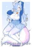  1girl absurdres animal_ear_fluff animal_ears arm_up blue_background blue_hair blue_jacket blue_skirt blush breasts cleavage commentary commission english_commentary full_body furry furry_female gradient_background hair_over_one_eye highres jacket jewelry large_breasts long_hair long_sleeves looking_at_viewer miniskirt mo_(k40633) necklace one_eye_covered open_clothes open_jacket open_mouth original pleated_skirt shirt shirt_tucked_in simple_background skirt smile solo tail thighs twitter_username white_shirt yellow_eyes 
