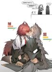  ... 2girls akechi_(826988799) animal_ears arknights bird_ears bird_girl bird_tail black_gloves black_jacket black_thighhighs blush braid chinese_text closed_eyes commentary doctor_(arknights) earrings extra_ears feather_hair fiammetta_(arknights) french_kiss gameplay_ability gameplay_mechanics gauntlets gloves hair_ornament health_bar highres jacket jewelry kiss long_hair multiple_girls necktie nightingale_(arknights) off_shoulder open_clothes open_jacket penance_(arknights) red_hair red_necktie shining_(arknights) shirt short_hair simple_background simplified_chinese_text speech_bubble spoken_ellipsis suit_jacket suspenders tail thighhighs translation_request very_long_hair white_background white_shirt wolf_ears wolf_girl wolf_tail yuri 