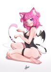  1girl :q absurdres animal_ear_fluff animal_ears asmodeusincubus ass barefoot black_leotard black_wings blush bow breasts camila_(vtuber) cat_ears cat_girl colored_eyelashes commentary demon_girl demon_wings diamond-shaped_pupils diamond_(shape) diamond_facial_mark english_commentary eyelashes facial_mark fang feet fingernails heart heart_facial_mark highres indie_virtual_youtuber kneeling leotard mismatched_eyelashes multicolored_hair nail_polish paw_pose pink_hair pink_nails purple_eyes short_hair simple_background skin_fang small_breasts smile soles solo streaked_hair striped_tail symbol-shaped_pupils tail tail_bow tail_ornament thick_eyebrows thigh_strap thighs toes tongue tongue_out two-tone_hair two_side_up virtual_youtuber white_background white_hair white_streaks wings 