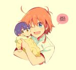  2girls ange_(angeban93) baby blue_eyes blush carrying carrying_baby carrying_person english_text flip_flappers kokomine_cocona multiple_girls one_eye_closed onesie open_mouth orange_hair papika_(flip_flappers) redrawn shirt short_hair short_sleeves simple_background white_shirt 