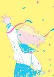  1girl absurdres aqua_sailor_collar aqua_skirt arm_up blonde_hair commentary confetti cowboy_shot facing_away floating_hair from_behind happy_(happi_illust) highres long_hair long_sleeves original outstretched_arm pleated_skirt ribbon sailor_collar school_uniform serafuku shirt simple_background skirt solo streamers waving white_shirt wind yellow_background 