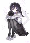  1girl absurdres arknights artist_name bad_anatomy bad_hands black_hair black_hairband black_pantyhose black_skirt character_doll chinese_commentary closed_mouth colored_inner_hair commentary_request doctor_(arknights) doll full_body hairband half-closed_eyes highres jsnttzzj knees_up long_hair long_sleeves multicolored_hair pantyhose priestess_(arknights) prts_logo_(arknights) purple_eyes purple_hair shoes sitting skirt solo sparkle sweater white_background white_shoes white_sweater 