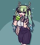  >_< 1girl blue_hair bow breasts ceres_fauna ceres_fauna_(jirai_kei) choker commentary cowboy_shot english_commentary flower flying_sweatdrops food fruit gradient_hair green_hair hair_flower hair_ornament heart highres holding holding_food hololive hololive_english licking lime_(fruit) limebreaker medium_breasts meme multicolored_hair single_sleeve_past_wrist skirt solo thour_(meme) tongue tongue_out twintails two-tone_hair virtual_youtuber 